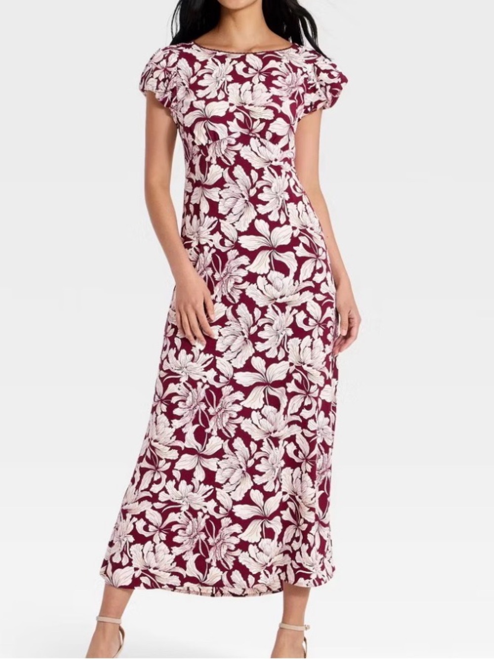Women's Puff Short Sleeve Floral Maxi Dress - A New Day™ Burgundy